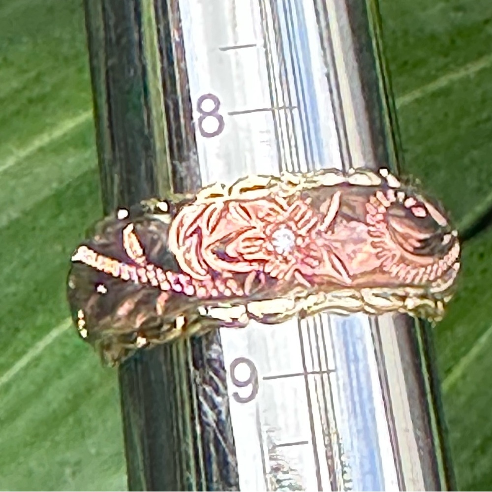 Hawaiian Heirloom Plumeria Wedding Band Rose & Yellow Gold Cubic Zirconia - Picture 13 of 13